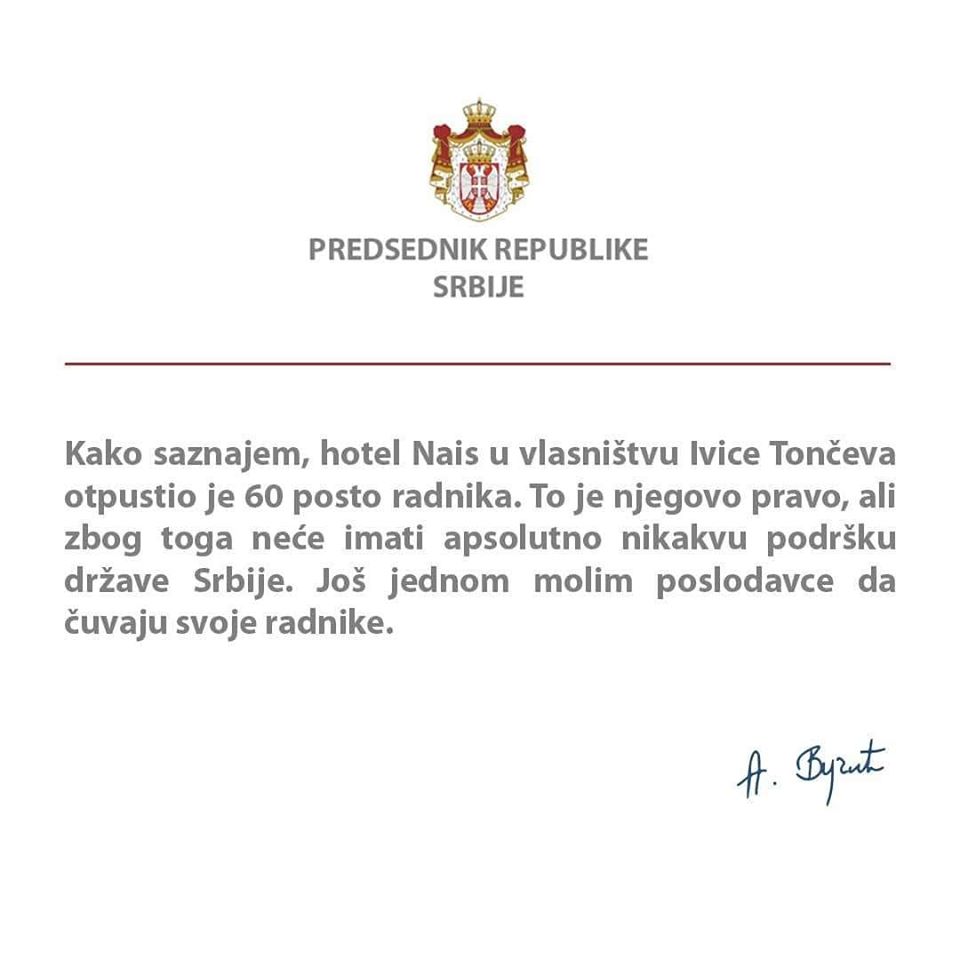 Vučić: Tončev otpustio 60 odsto svojih radnika, neće imati podršku države