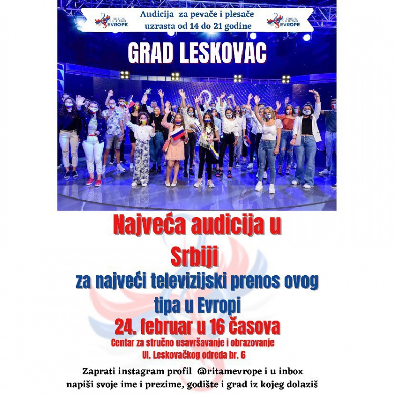 Audicija za učešće na najvećem muzičkom takmičenju Srbija u ritmu Evrope 24. februara u Leskovcu