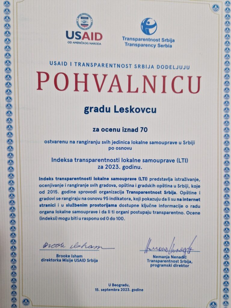 Pohvalnica gradu Leskovcu od organizacije Transparentnost Srbija