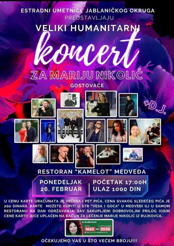 Veliki humanitarni koncert „Za Mariju Nikolić“ u Medveđi 26. februara