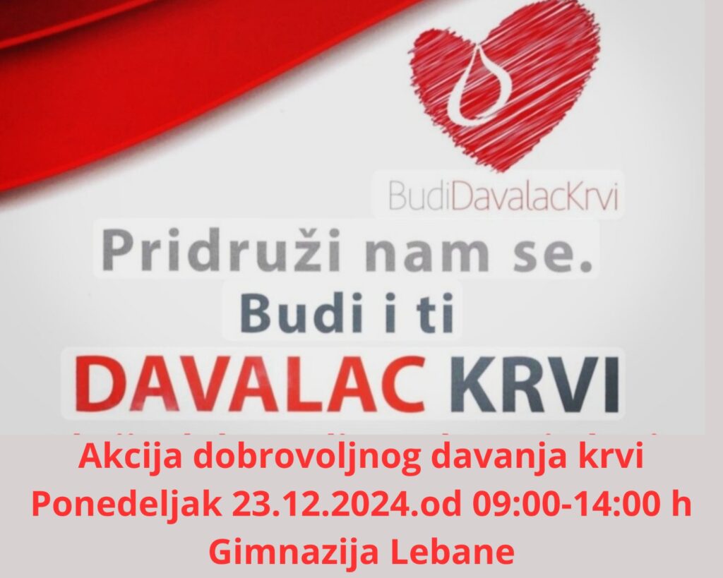 Crveni krst Lebane i ZTK Niš organizuju akciju dobrovoljnog davanja krvi u ponedeljak  23. decembra